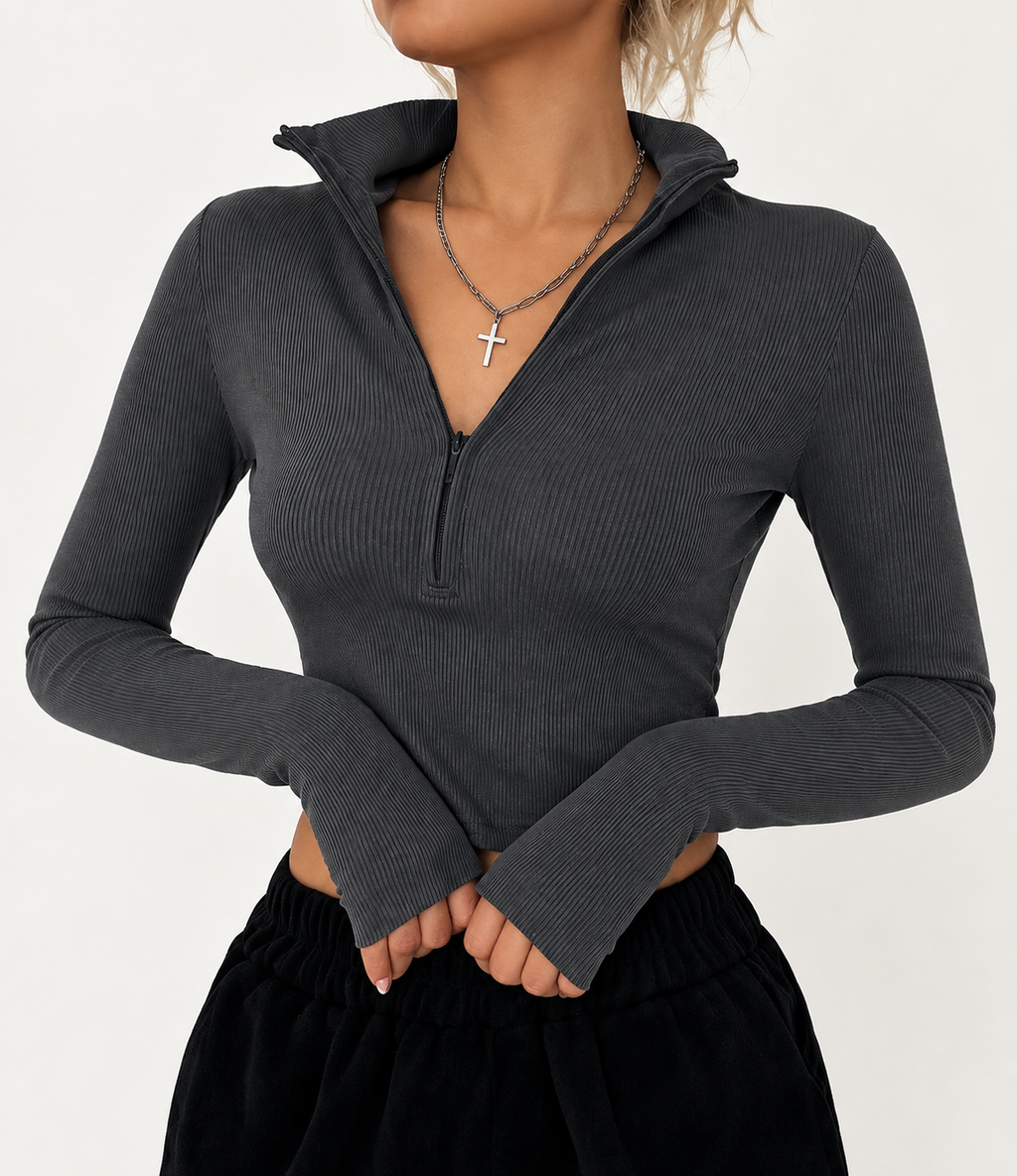 Zoe Ribbed Half-Zip Blouse