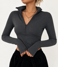 Zoe Ribbed Half-Zip Blouse